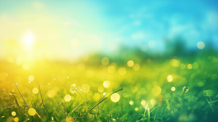 Obraz premium A beautiful spring landscape filled with fresh greenery, rolling hills, and a pastel-colored sky. Gentle sunlight and bokeh effects make the scene feel calm and inviting