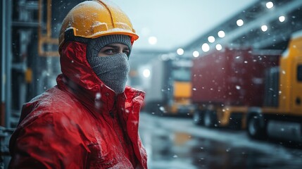 Obraz premium A worker dressed in winter gear stands outside in a snowstorm, monitoring cold storage logistics at a distribution facility. The environment is busy with trucks and equipment.