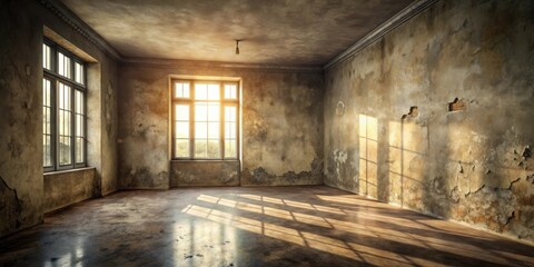Sunlit Interior of a Derelict Building with Aged Walls and a Large Window