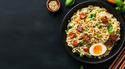 Overhead view of a delicious bowl of ramen noodles with pork slices, fresh peas, a soft-boiled egg, sesame seeds, and fresh basil on the side