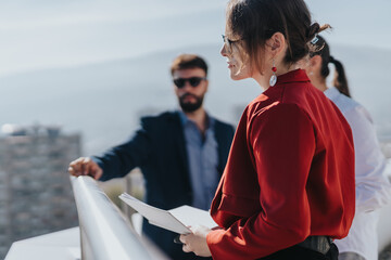 Business people engage in a discussion on a rooftop terrace with a cityscape backdrop, fostering...