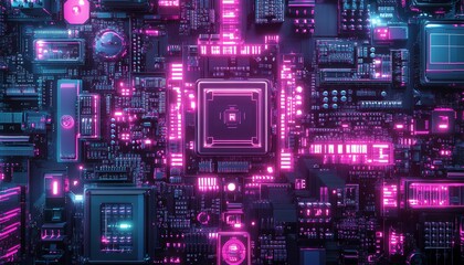 Neon pink and blue circuit board detail