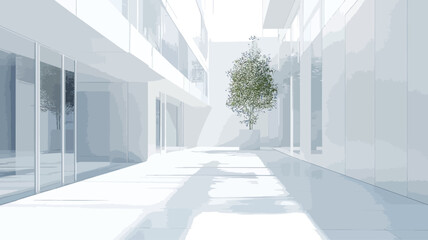 Obraz premium The image shows a digitally rendered or photographed interior space characterized by an all-white color palette. The architecture features clean lines and a minimalist aesthetic. A small,