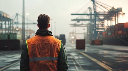 Civil Engineer Observing Modern Industrial Port with Cranes and Shipping Containers in the Background