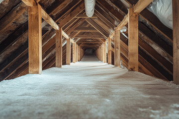 A long view of an attic with wooden beams and insulation covering the floor and roof structure