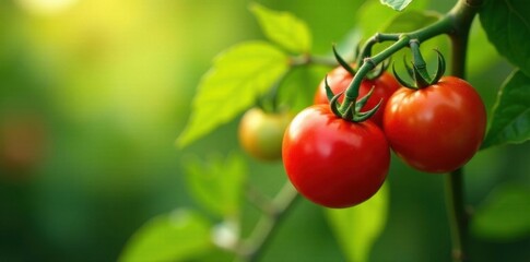Luscious red tomatoes, plump and sun-kissed, hang heavy on a verdant vine , produce, branches