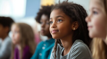 Fototapeta premium Engaged Young Diverse Children Listening Attentively in a Classroom Setting During Group Activity