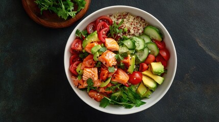 Fresh Salad with Quinoa, Tomatoes, Cucumber, and Salmon Pieces