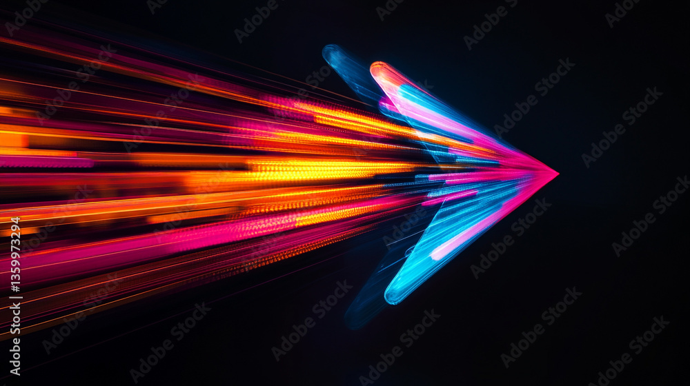 Poster abstract arrow shape formed by colorful light trails on a dark background pointing to the right