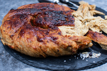 Roasted seitan as plant based meat on slate stone