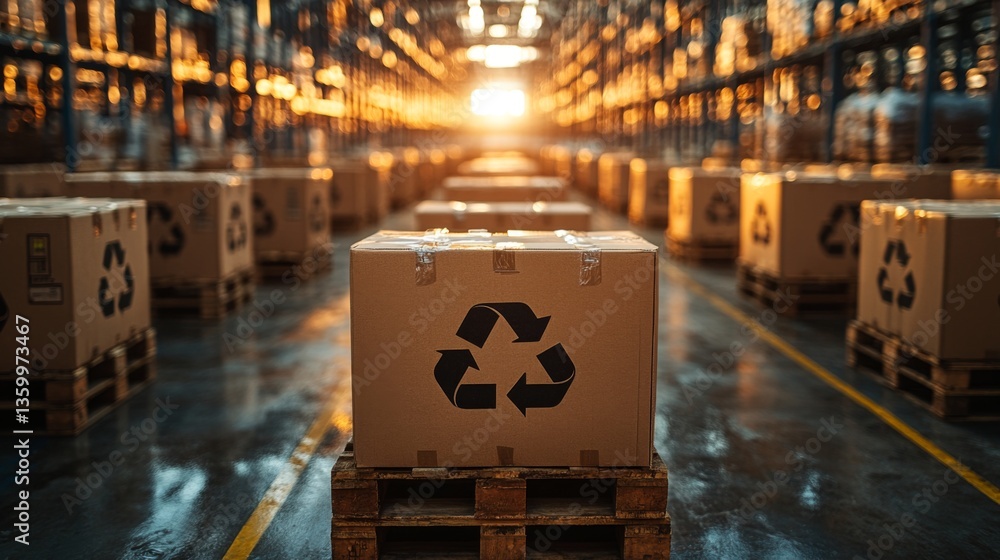 Poster rows of stacked cardboard boxes with recycling symbols illuminate under warm lighting in a warehouse