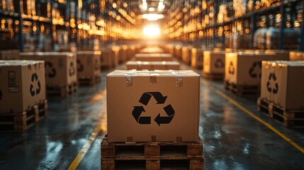 Rows of stacked cardboard boxes with recycling symbols illuminate under warm lighting in a warehouse, showcasing inventory management and sustainable materials handling efforts during sunset.