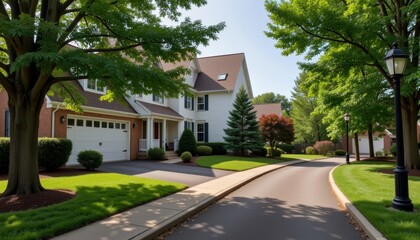 Naklejka premium Well-maintained townhouse neighborhood with streetlights and sidewalks, community harmony