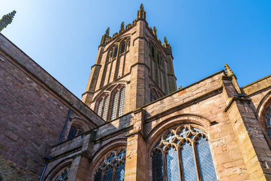 View of the tower at St Laurence's Church in Ludlow, a 15th century church