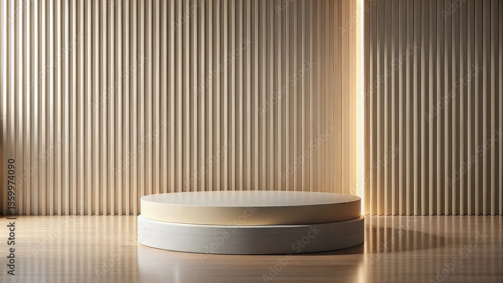 Poster elegant two-tiered display platform against a vertical striped backdrop with subtle lighting