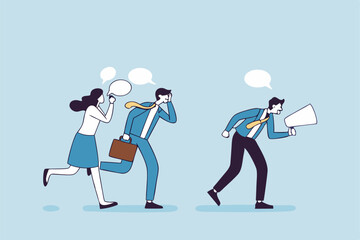Workplace gossip, talking behind in the office, work bullying, chatter or rumor, rudeness voice or wrong information telling concept, business people gossip or talk behind colleagues in the office.