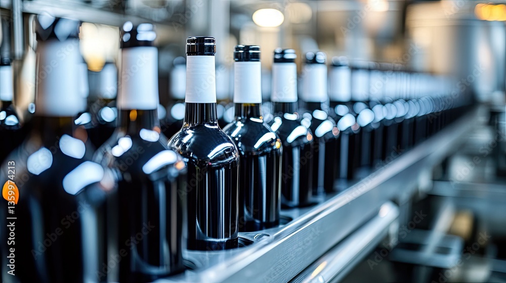 Poster a close-up of a bottling line with blank-label wine bottles waiting for final branding in a high-tec