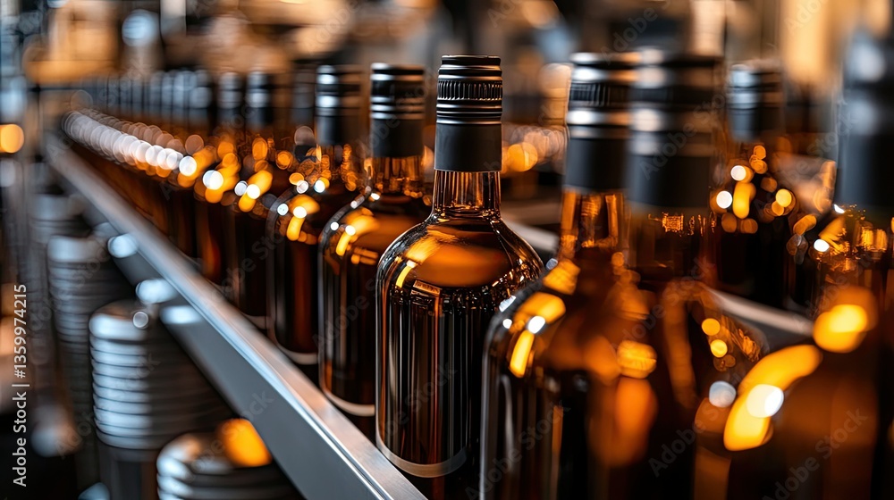 Poster a close-up of a bottling line with blank-label wine bottles waiting for final branding in a high-tec