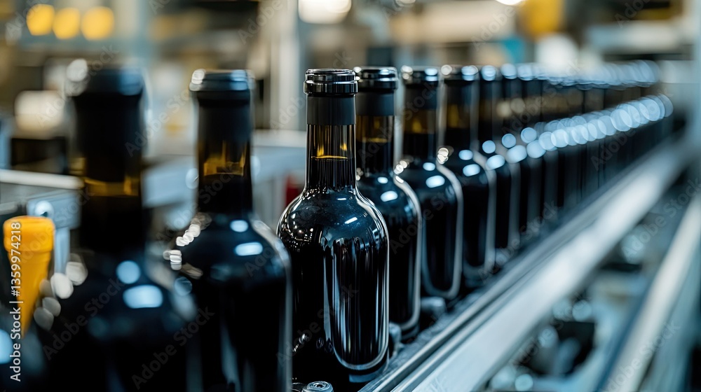 Poster a close-up of a bottling line with blank-label wine bottles waiting for final branding in a high-tec