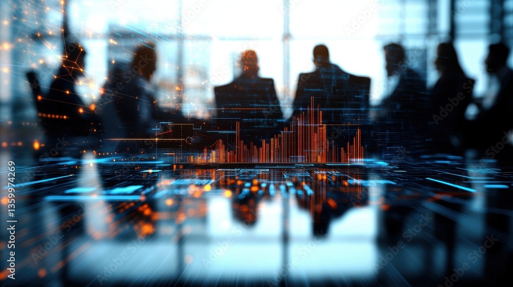 Poster silhouetted businesspeople collaborating in modern office with dynamic data visualizations reflectin