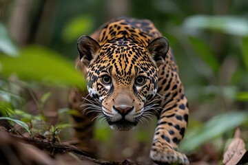 Fototapeta premium A magnificent jaguar stealthily prowls through dense jungle plants, showcasing its natural grace and the rich biodiversity of its tropical habitat in an untouched ecosystem.