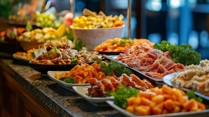 A modern buffet restaurant with an open food station, where guests serve themselves fresh salads, warm soups, and grilled specialties