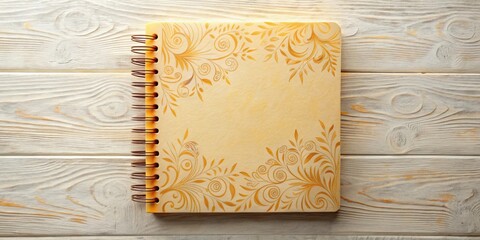 Cream-colored spiral-bound journal featuring elegant gold floral designs rests on a light wooden surface.