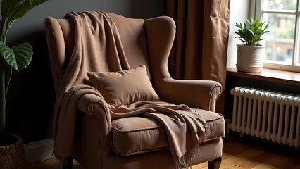 Modern interior design using Pantone 2025 Mocha Mousse color of the year. Soft armchair in the room with plaid.