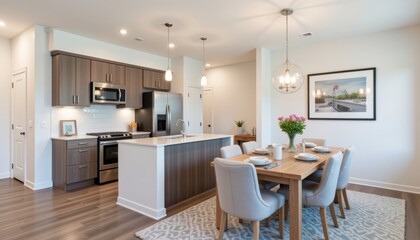 Fototapeta premium Contemporary open-concept townhouse kitchen with dining area, modern living