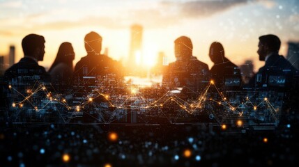 Silhouetted business professionals at sunset stand in a group against a cityscape backdrop with glowing data visualizations representing growth and progress