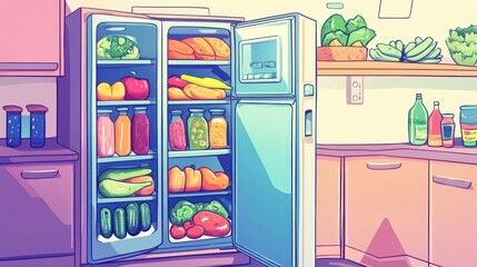 Well-stocked kitchen refrigerator, healthy food, cooking, home, design