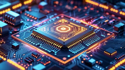 Fototapeta premium Close-up of a glowing AI-powered microchip on a futuristic circuit board, symbolizing advanced technology, artificial intelligence, and innovation.