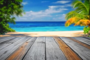 Fototapeta premium Empty summer holidays background. Horizontal travel banner for advertising product. Wooden table top in front, blurred paradise vacation. Panoramic empty counter in focus. beach and sea on background.