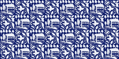 Japanese indigo geometric seamless border. Irregular washed batik hand drawn textile for blue white banner.