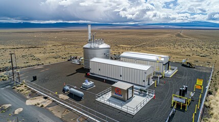 Aerial view of secure nuclear waste storage facility with warning signs and containment structures in barren landscape under cloudy sky. Environmental safety and hazardous material management concepts