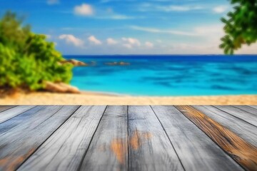 Fototapeta premium Empty summer holidays background. Horizontal travel banner for advertising product. Wooden table top in front, blurred paradise vacation. Panoramic empty counter in focus. beach and sea on background.