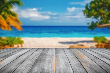 Fototapeta premium Empty summer holidays background. Horizontal travel banner for advertising product. Wooden table top in front, blurred paradise vacation. Panoramic empty counter in focus. beach and sea on background.