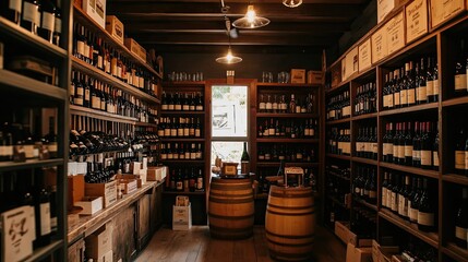 A cozy wine store with vintage labels and modern selections carefully arranged for customers.