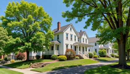 Fototapeta premium Lush townhouse neighborhood under bright blue sky, peaceful living