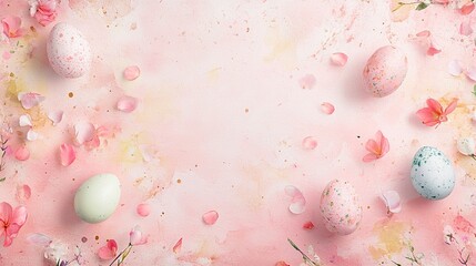 A soft watercolor Easter background with scattered floral petals, pastel-colored eggs, and light, airy brushstrokes.   