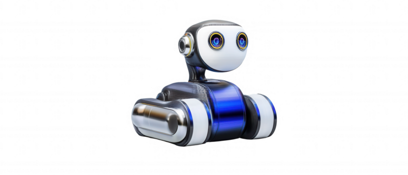 Small Rounded Robot with Blue Accents Interacting