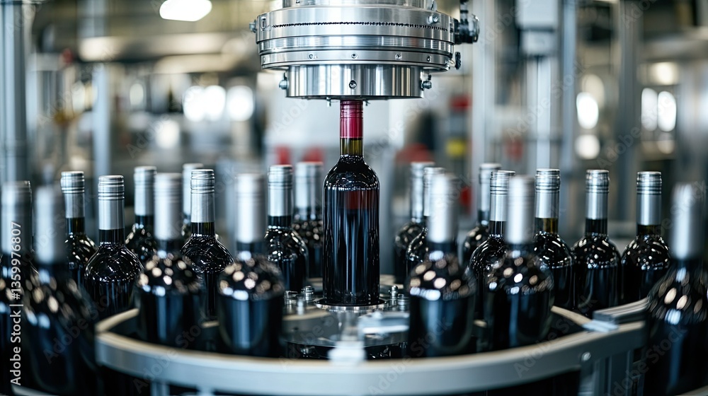 Poster a high-tech bottling machine in a wine factory, efficiently filling and sealing bottles in a pristin