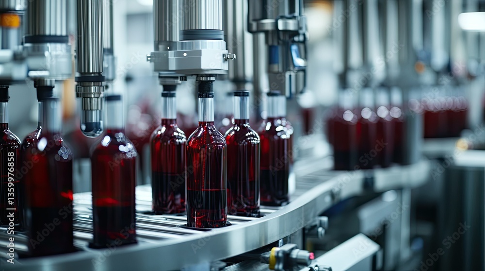 Poster a high-tech bottling machine in a wine factory, efficiently filling and sealing bottles in a pristin