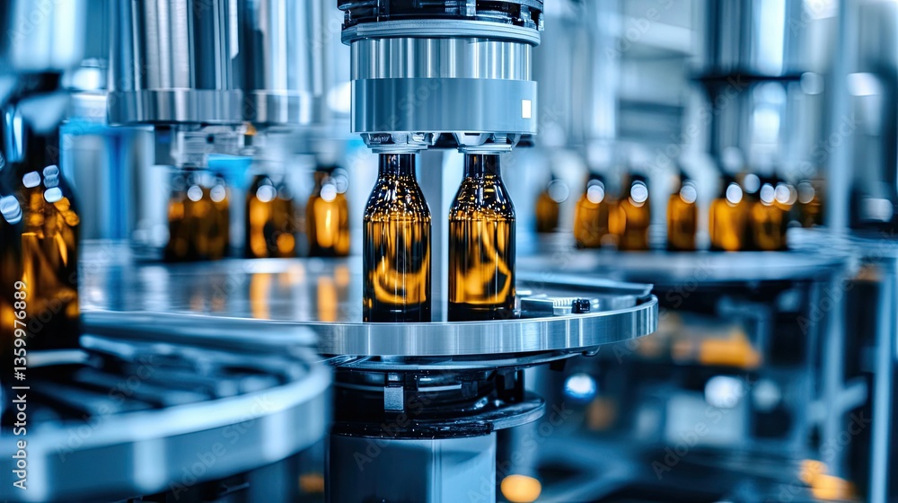 Poster a high-tech bottling machine in a wine factory, efficiently filling and sealing bottles in a pristin