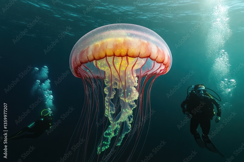 Poster divers exploring a luminous jellyfish in the depths of the ocean during daytime hours