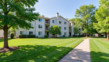 Obraz premium Tranquil condominium complex with green spaces and walking trails, serenity