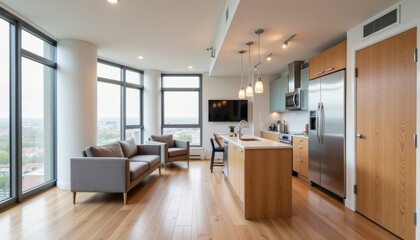 Modern high-rise condo kitchen with stainless steel appliances, urban living