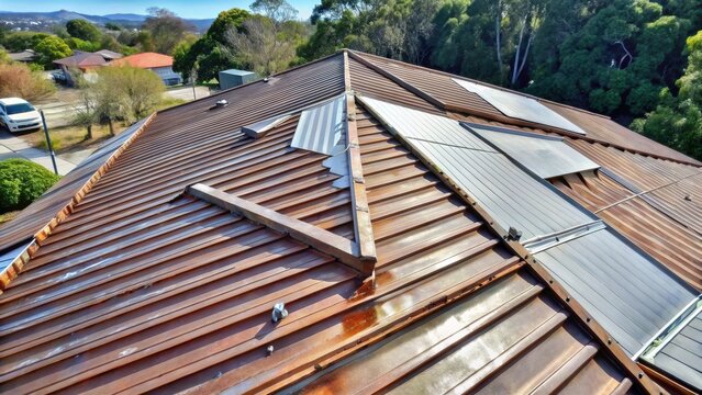 A weathered copper roof showcasing patina and skylights needs repair