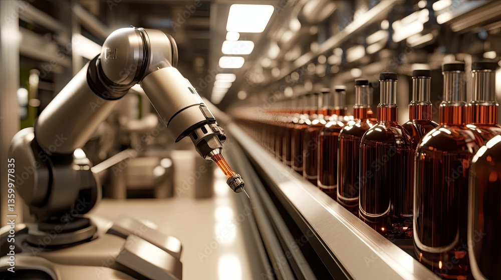 Poster a modern wine factory with a robotic bottling line, ensuring quality control and cleanliness.
