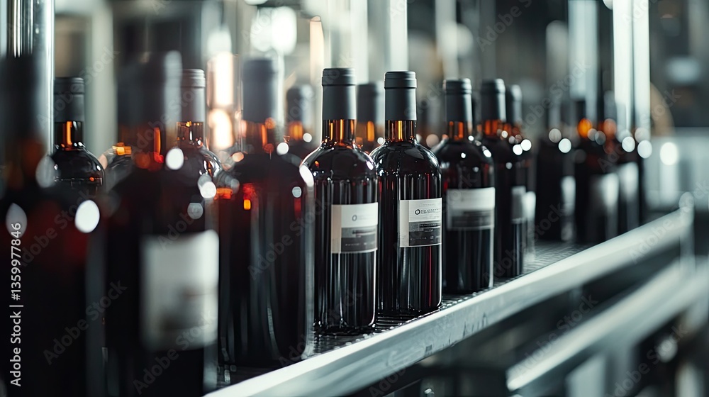 Poster a modern wine factory with a robotic bottling line, ensuring quality control and cleanliness.
